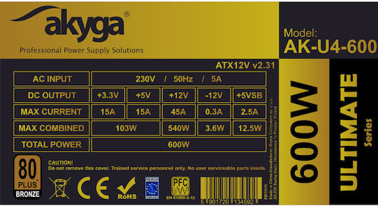 Akyga AK-U4-600 600W Black Computer Power Supply Full Wired 80 Plus Bronze