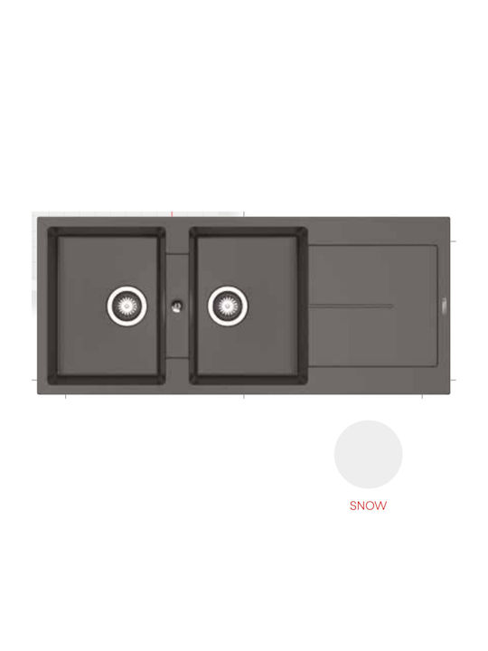 Pyramis Ithaka 2B 1D 070245211 Drop-In Chiuvetă din Granit Sintetic L116xW50cm Zăpadă