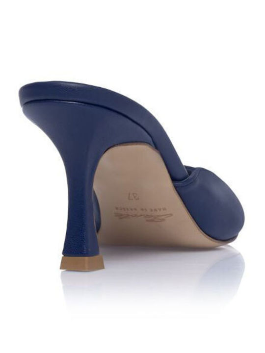Leather Mules with High Heel in Blue Colour