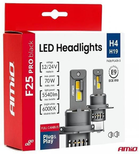 AMiO Car and Motorcycle Lamps F25 Pro Black Edition H19 / H4 Canbus LED 6000K Cold White 12-24V 70W 2pcs