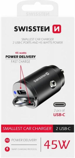 Swissten Auto-Ladegerät 45W 3A Schnellladung mit Anschlüssen: 1xUSB 2xType-C Schwarz Farbe