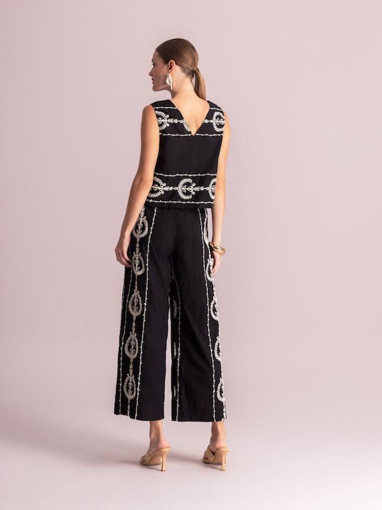 Pantaloni Largi Dama cu Elastic în Croială Lejeră Negru