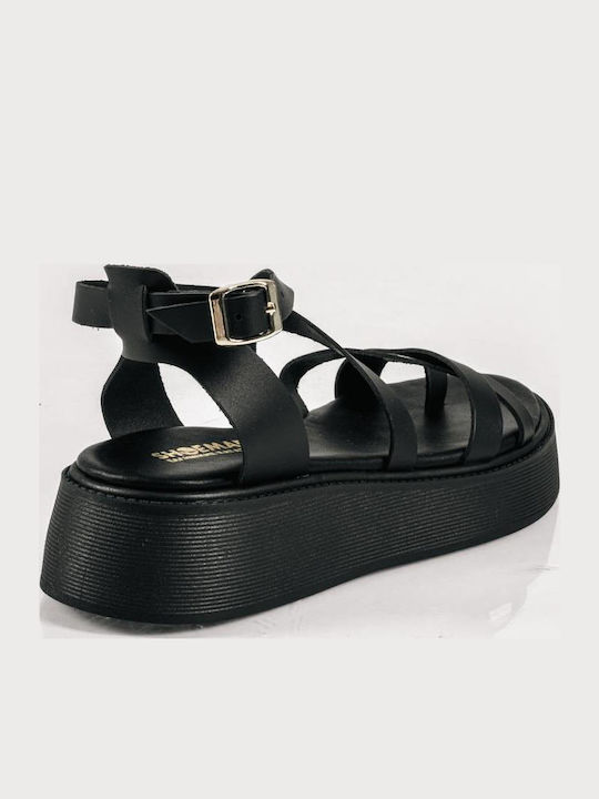 Δερμάτινα Γυναικεία Σανδάλια Flatforms Μαύρα