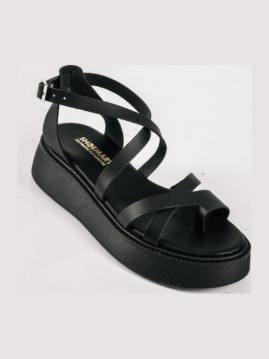 Δερμάτινα Γυναικεία Σανδάλια Flatforms Μαύρα