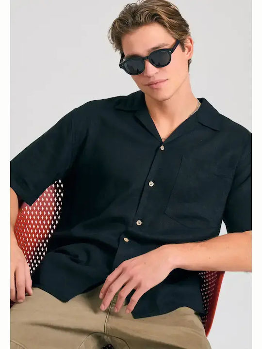 Short Sleeve Linen Shirt in Wide Fit Black