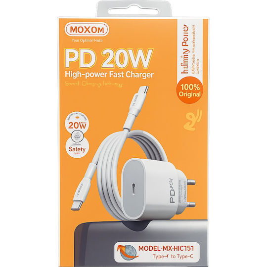 Moxom Mobile Phone Charger with USB-C Port and USB-C - USB-C Cable 20W Power Delivery White (MX-HC151)