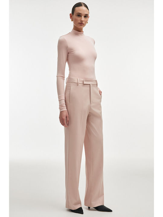 Women's High Waist Fabric Trousers in Straight Leg Style Pink