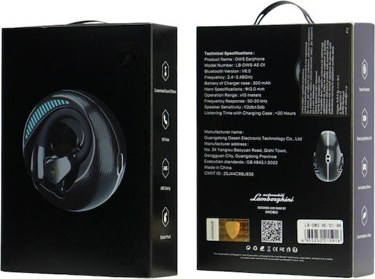 Lamborghini D1 Open Ear Bluetooth Handsfree Ακουστικά με Αντοχή στον Ιδρώτα και Θήκη Φόρτισης Μαύρα