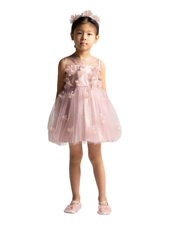 Evita Girls Sleeveless Tulle Floral Pink Dress