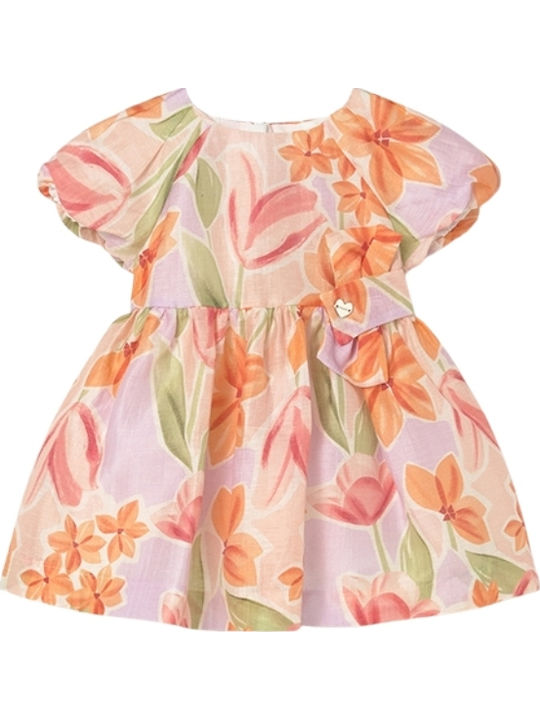 Mädchenkleid Kurzärmelig Leinen Blumen Set aus 2 mit Zubehör Rosa Sanft