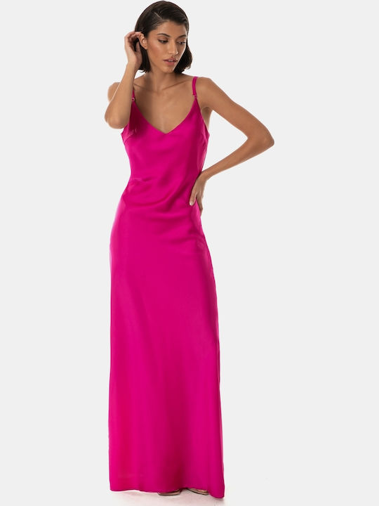 Summer Maxi Evening Satin Slip Dress with Slit Magenta