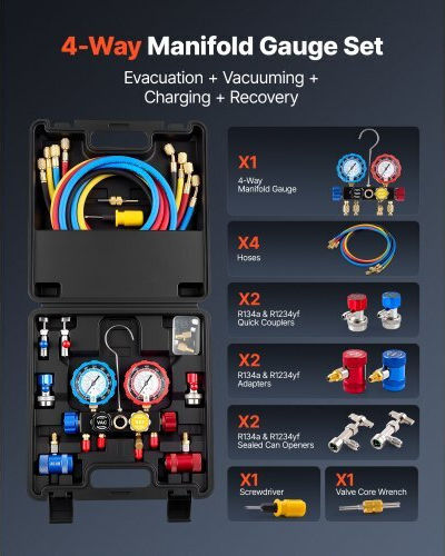 Ac Multiple Inlet Gauge Set Vevor Refrigerant R134a R404a R1234yf R22 Ac 4 Way Gauge Hoses 1.5 M Adapters Quick Couplers Valves Car Air Conditioner Maintenance Charging Evacuation