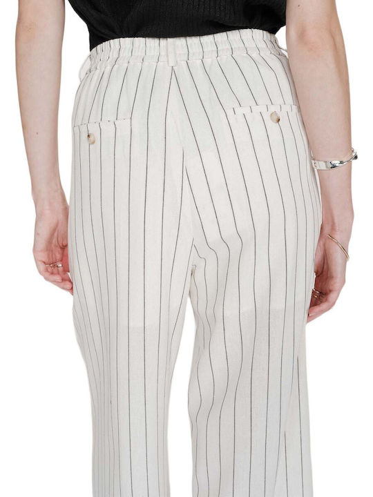 Damen Leinenhose mit Gummiband in Gerader Bein Stil Gestreift Weiß
