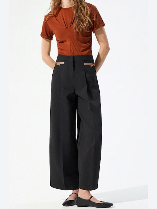 Pantaloni Dama Din Țesătură Croială Regular Negru