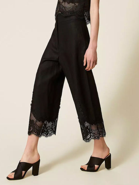 Women's High Waist Linen Capri Pants in Straight Leg Style Black