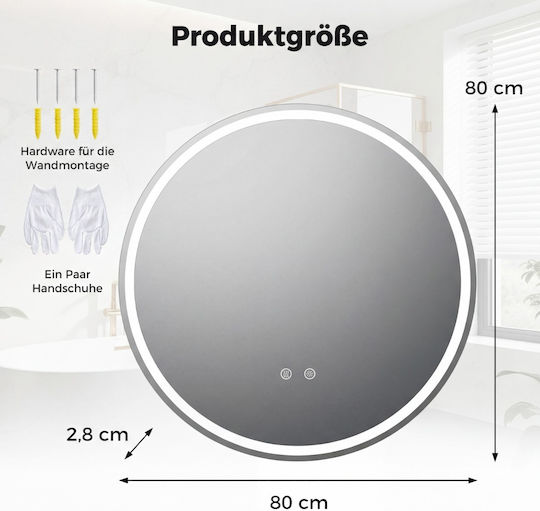 Costway Oglindă Rotundă de Baie cu Lumini LED și Atingere din Metal 80x80cm Maro