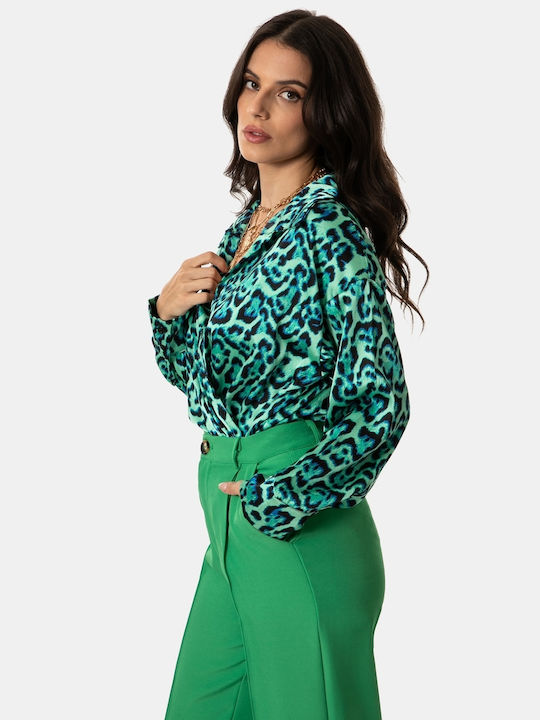 Long Sleeve Women's Satin Shirt Green