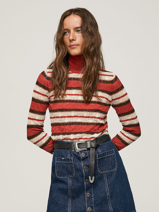 Women's Long Sleeve Sweater Turtleneck Striped Red