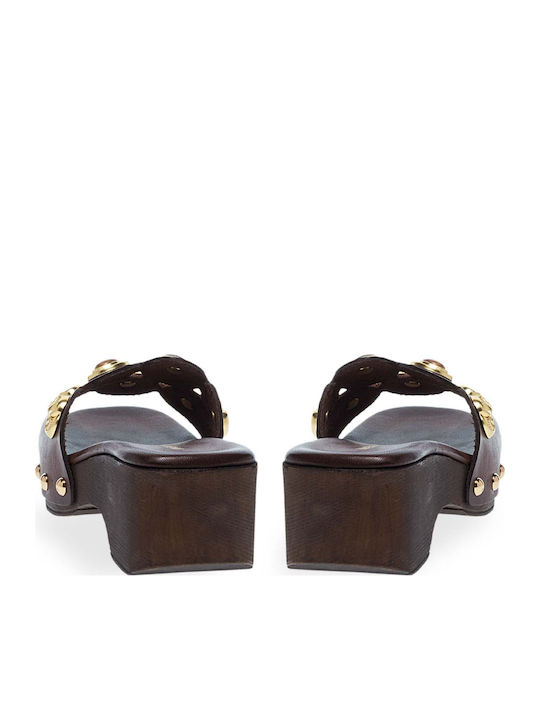 Pantofi Mules De Piele Cu Toc Maro