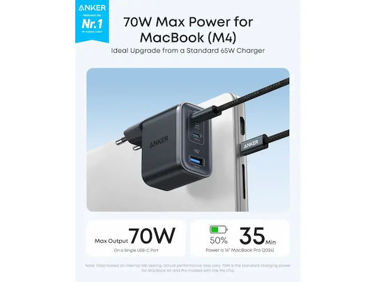 Anker Charger with Built-in Cable with USB-A Port and 2 USB-C Ports 70W Black Nano