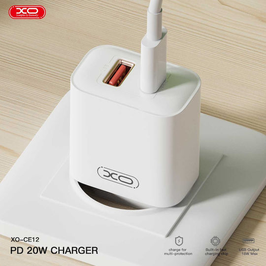 XO Charger Without Cable with USB-A Port and USB-C Port 20W Power Delivery Whites (CE12)