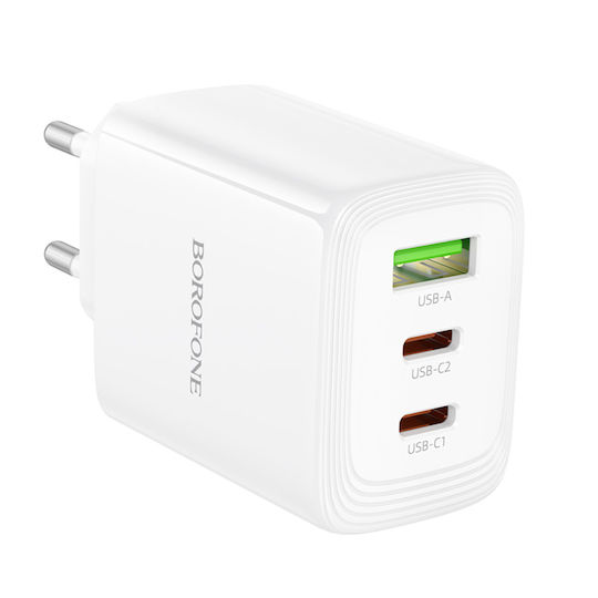 Borofone Charger Without Cable GaN with USB-A Port and 2 USB-C Ports 65W Power Delivery / Quick Charge 3.0 Whites (BN32 Cargador)