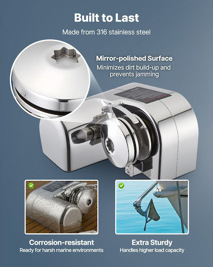 Vevor Οριζόντιος Βίντσι Ψαρέματος 12v Dc 600w Συστήματα Άγκυρας Βίντσι Αλυσίδα 6,35 Mm Ή Σχοινί Νάιλον 14,3 & 15,9 Mm Μέγιστη Έλξη 260 Kg Κατασκευή Ανοξείδωτο Ατσάλι 316 Σκάφη 7-9 M