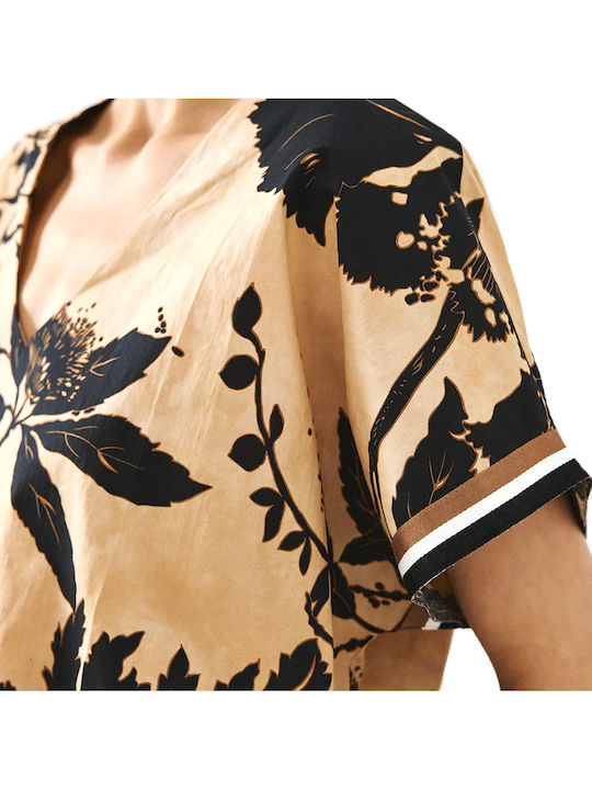 Women's Summer Cotton Short Sleeve Blouse with V-Neck Floral Brown