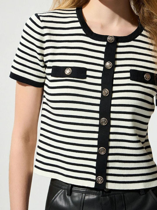 Damen Kurzärmeliges Gestreiftes Top Weiß-Schwarz