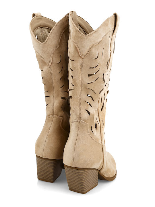 Suede Women's Boots with Mid Heel Beige