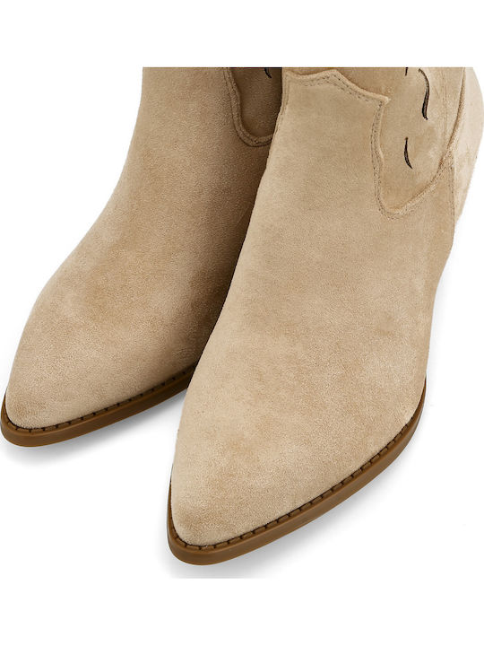 Suede Women's Boots with Mid Heel Beige