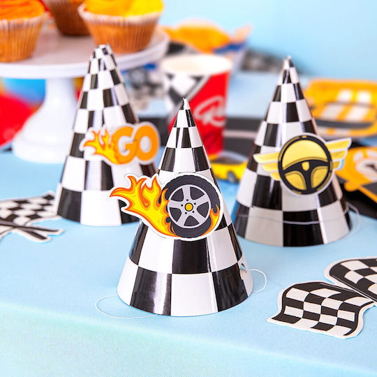 Checkered Black and White Party Hats Race Cars 6 Pieces