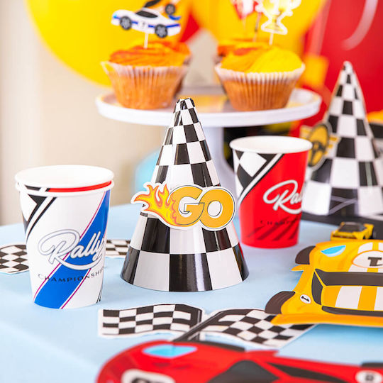 Checkered Black and White Party Hats Race Cars 6 Pieces