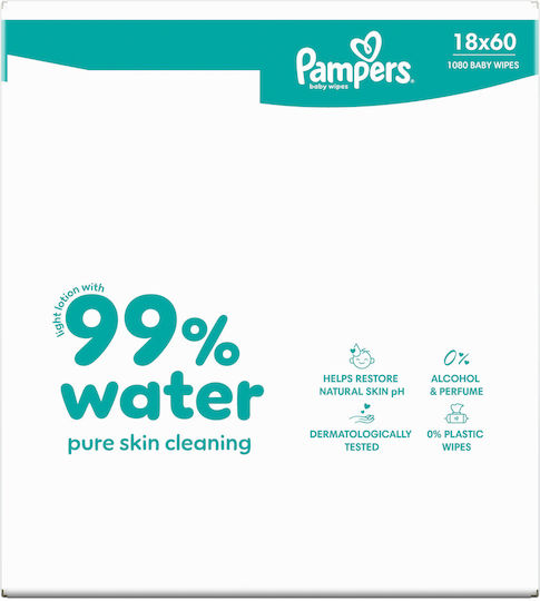 Pampers 99% Water Hypoallergenic Baby Wipes with 99% Water Fragrance Free Alcohol-Free Parabens Free 18x60pcs