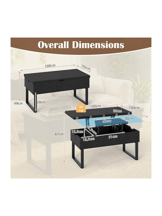 Rectangular Central Wooden Coffee Table with Lifting Mechanism Black W100xL50xH49cm
