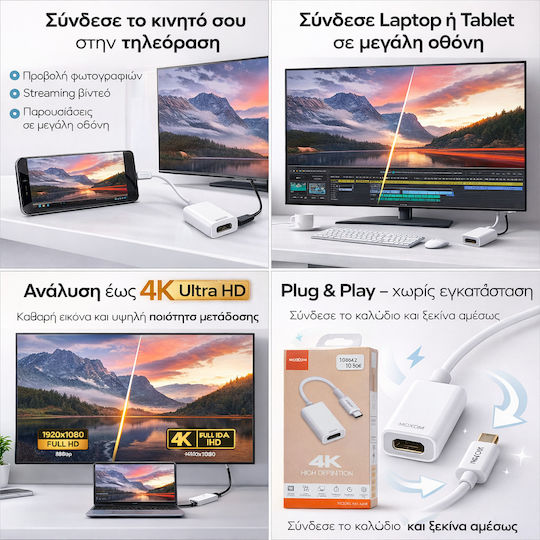 Moxom Конвертор USB-C мъжки към HDMI женски Бял 1 брой MX-AX74