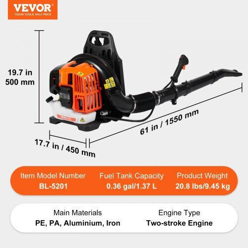 Vevor Laubbläser Handheld Benzin 52cc mit Maximaler Luftgeschwindigkeit 280km/h