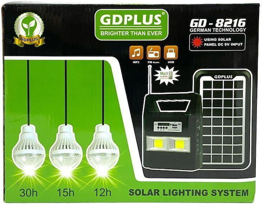 GDPLUS Solar Lighting System 3 Lamps Radio with USB Charger GD-8216