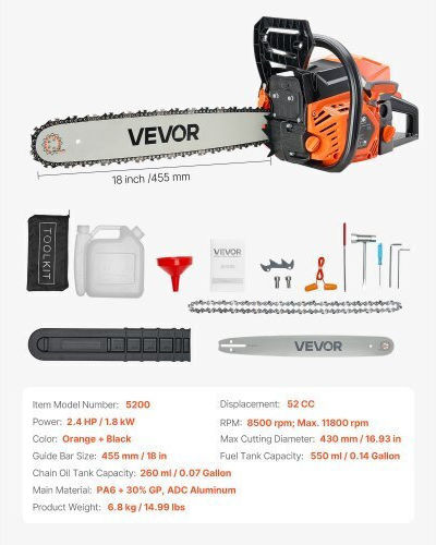 Vevor Αλυσοπρίονο Βενζίνης 2.4hp 6.8kg με Λάμα 45.72cm και Easy Start