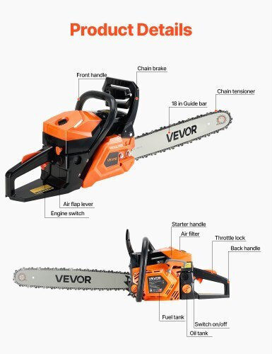 Vevor Αλυσοπρίονο Βενζίνης 2.4hp 6.8kg με Λάμα 45.72cm και Easy Start