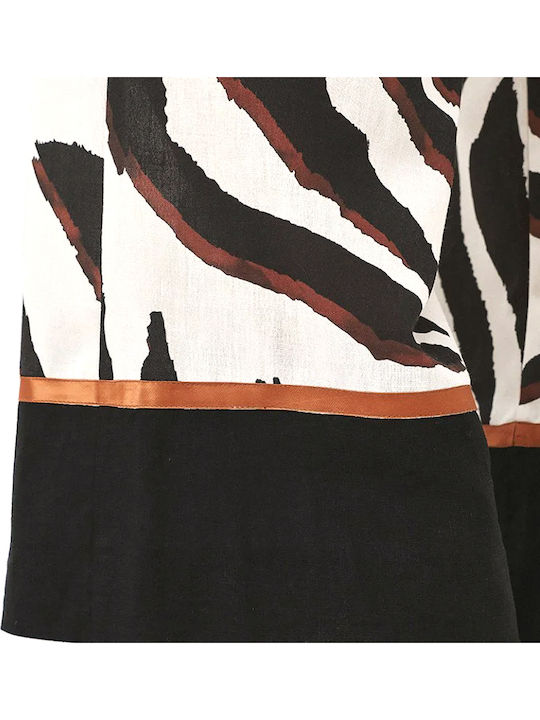 Women's High Rise Fabric Trousers with Elastic Waist in Straight Leg Leopard Ecru-Brown-Black