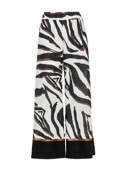 Women's High Rise Fabric Trousers with Elastic Waist in Straight Leg Leopard Ecru-Brown-Black