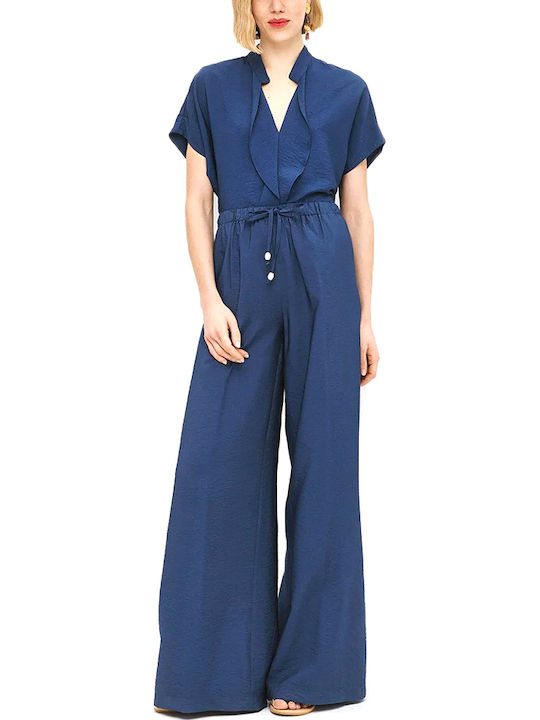 Women's High Waist Pantaloons with Rubber Band in Straight Leg Style Blue