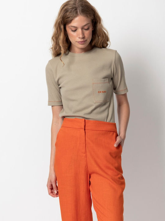 Women's Linen Capri Trousers with Rubber Band Orange 55-04-029A-3