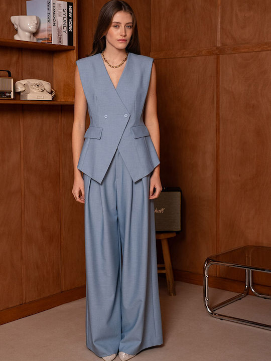 Women's High Rise Fabric Trousers in Balloon Leg Style Blue