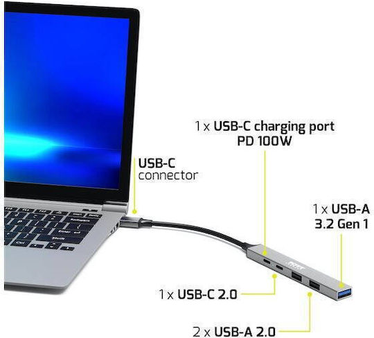 Port Designs USB-Hub 4 Anschlüsse USB 3.0 mit USB-C Verbindung Grau