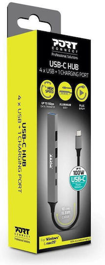 Port Designs USB-Hub 4 Anschlüsse USB 3.0 mit USB-C Verbindung Grau
