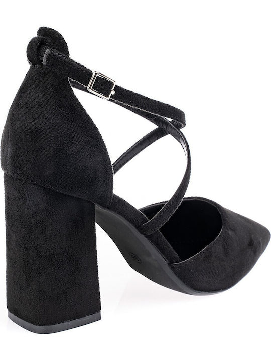 Suede Γόβες με Λουράκι & Ψηλό Τακούνι Μαύρες