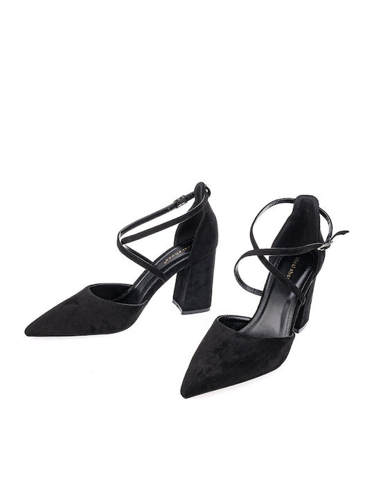 Suede Γόβες με Λουράκι & Ψηλό Τακούνι Μαύρες