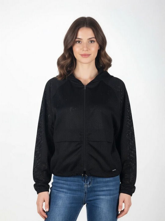Gekürzte Damen Sweatshirt Strickjacke mit Kapuze Schwarze